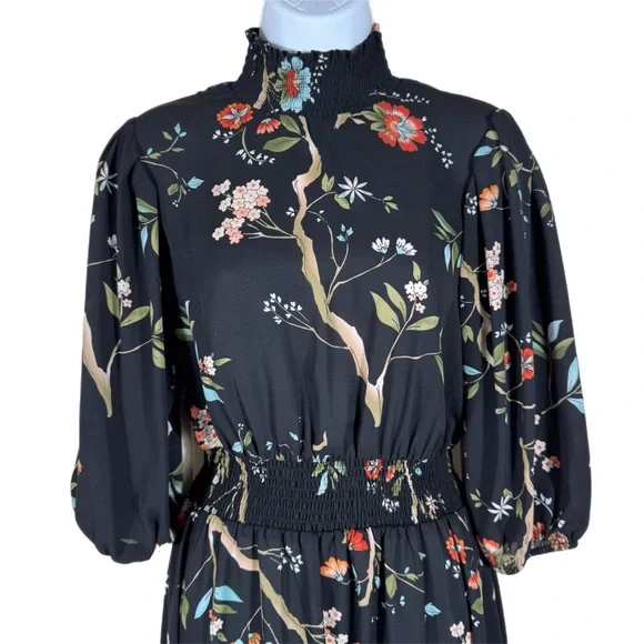 Nanette Lepore Dark Floral Hi-Low Puff Sleeve Dress 2 Whimsigoth Bloomcore Black - Picture 5 of 13